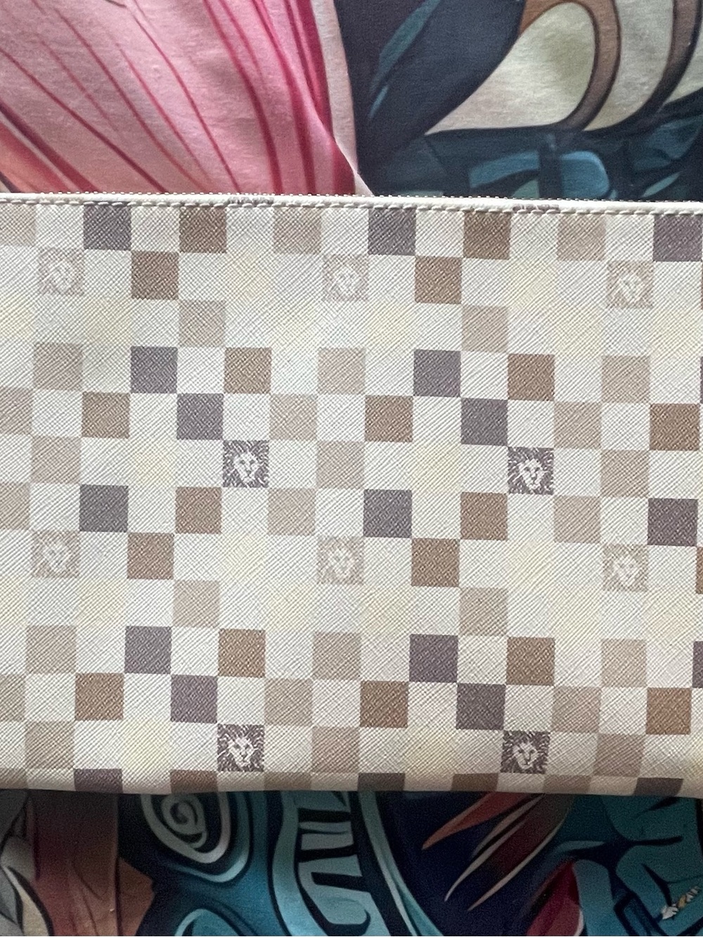 Anne Klein Beige Brown Checkered Cosmetic Bag